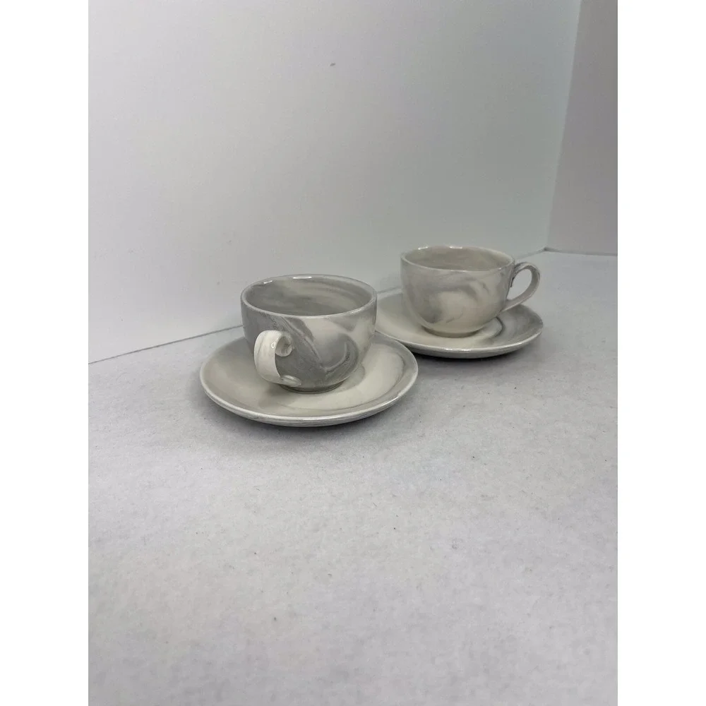 Ciroa Marbled Demitasse  2 Espresso Cups and Saucer set Gray Black White